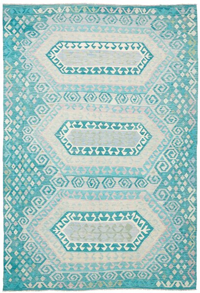 Tappeto Kilim Afghanistan Geometrico Turchese Crema 239x358 Cm