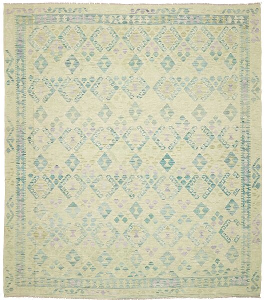 Tappeto Kilim Afghanistan Geometrico Crema Turchese 262x293 Cm