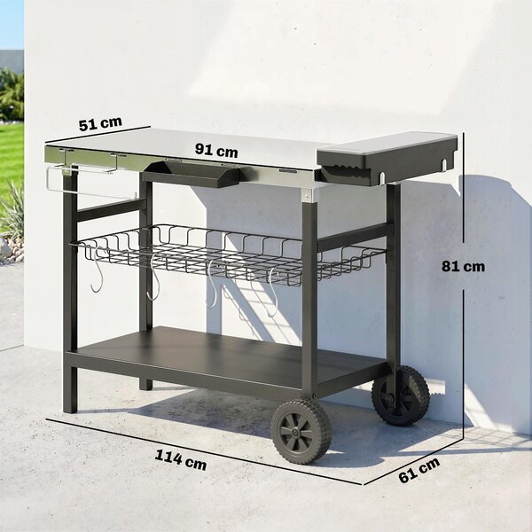 Outsunny Carrello Barbecue da Esterno con Piano in Acciaio Inossidabile, Porta Spezie, Ganci e Maniglia Laterale, Nero | Aosom Italy
