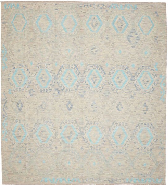 Tappeto Kilim Afghanistan Geometrico Beige Azzurro Blu 261x290 Cm