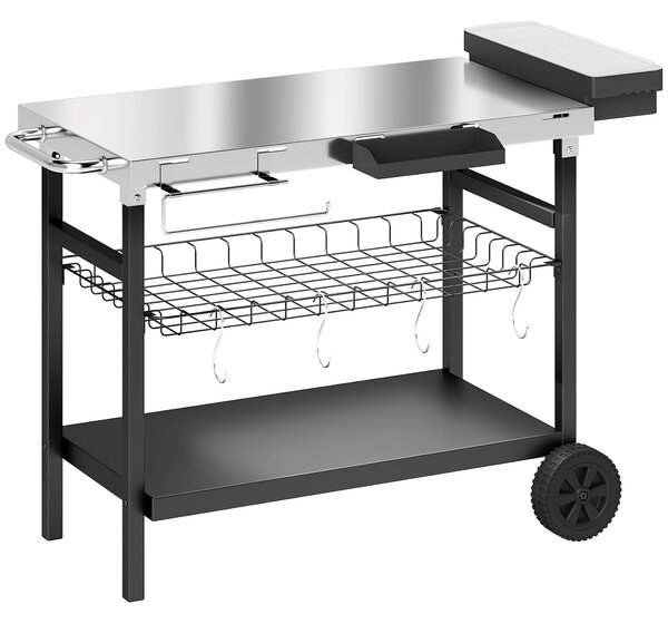 Outsunny Carrello Barbecue da Esterno con Piano in Acciaio Inossidabile, Porta Spezie, Ganci e Maniglia Laterale, Nero | Aosom Italy