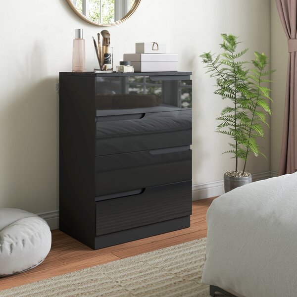 HOMCOM Cassettiera 4 Cassetti Moderna e Minimal in Legno, 60x40x85 cm, Nero Lucido | Aosom Italy