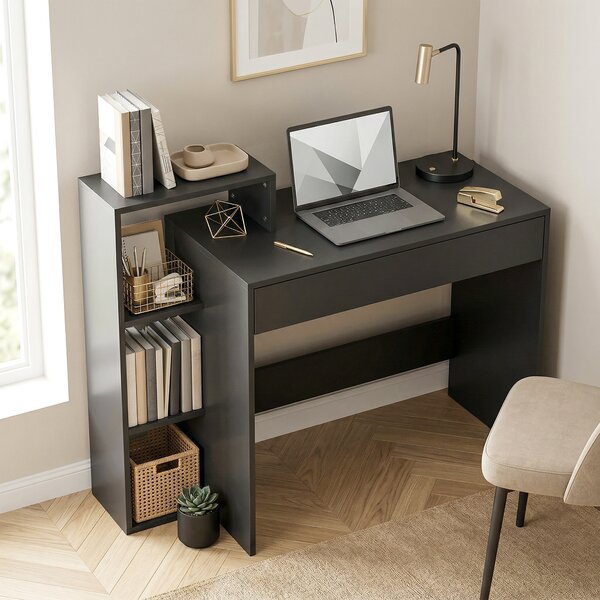 HOMCOM Scrivania PC Moderna con 3 Ripiani Aperti e Cassetto, in Legno Nero, 100x40x90 cm | Aosom Italy