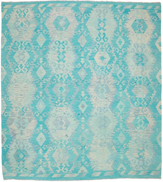 Tappeto Kilim Afghanistan Geometrico Turchese Crema 253x284 Cm