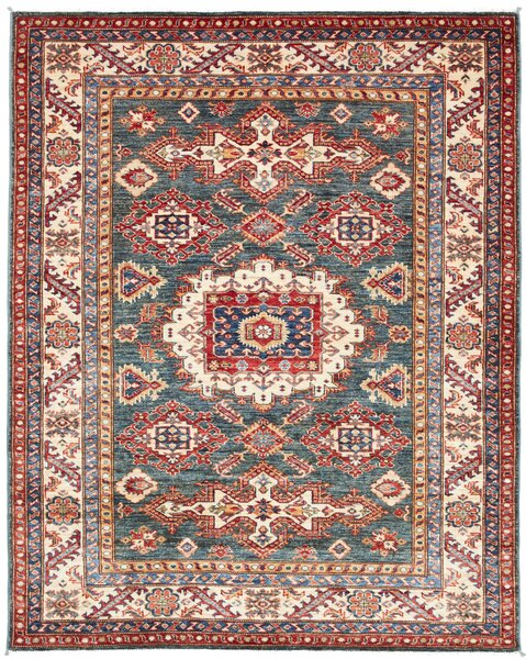 Tappeto Kazak Fine Pakistan Medaglione Blu Petrolio Rosso 153x191 Cm