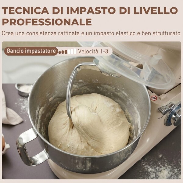 HOMCOM Impastatrice Planetaria da 4.5L a 6 Velocità in Acciaio Inox, Plastica e Alluminio, 35x22x29 cm, Beige e Argento | Aosom Italy