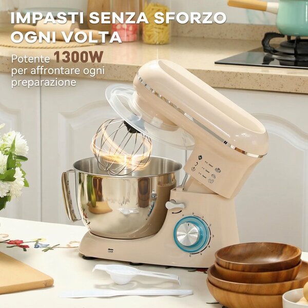 HOMCOM Impastatrice Planetaria da 4.5L a 6 Velocità in Acciaio Inox, Plastica e Alluminio, 35x22x29 cm, Beige e Argento | Aosom Italy
