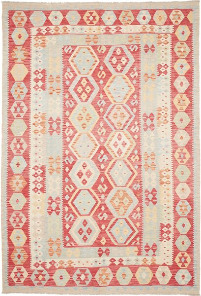 Tappeto Kilim Afghanistan Geometrico Rosso Mattone Celeste 200x295 Cm