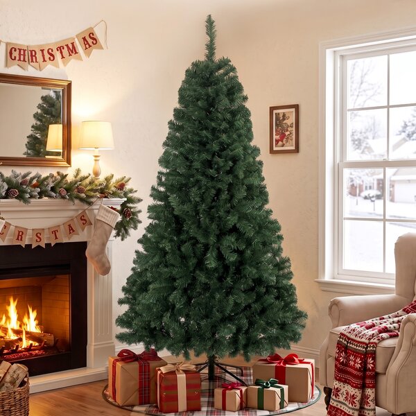 Albero di Natale Artificiale 98x98x180 cm con 888 Rami Ignifughi e Base Pieghevole in Metallo Verde