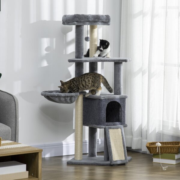 Albero Tiragraffi per Gatti 48x40x127 cm con Rampa Cesto Cuccia Amaca Pali Graffiatoi in Sisal Grigio