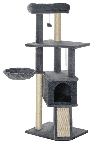 Albero Tiragraffi per Gatti 48x40x127 cm con Rampa Cesto Cuccia Amaca Pali Graffiatoi in Sisal Grigio
