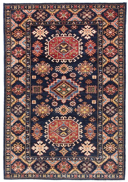 Tappeto Kazak Fine Pakistan Geometrico Blu Rosso 129x187 Cm