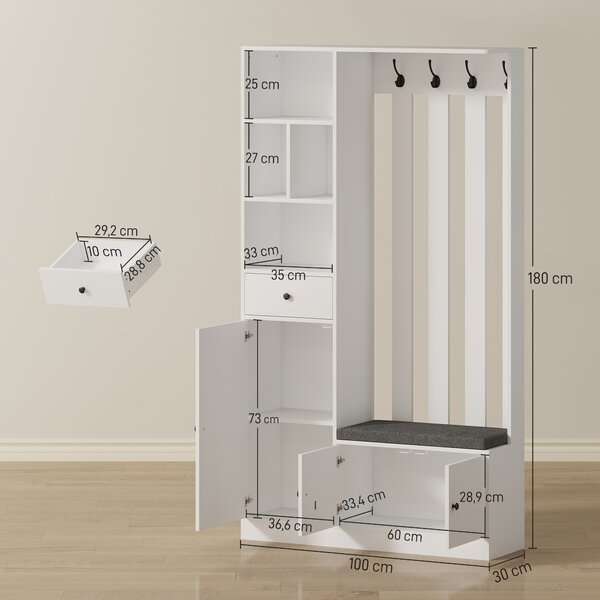 HOMCOM Appendiabiti 180 cm con Panca Porta Scarpe, Soluzione 4-in-1 con Ripiano Regolabile, 4 Ganci e Scomparti Aperti, per Ingresso Soggiorno, Bianco | Aosom Italy
