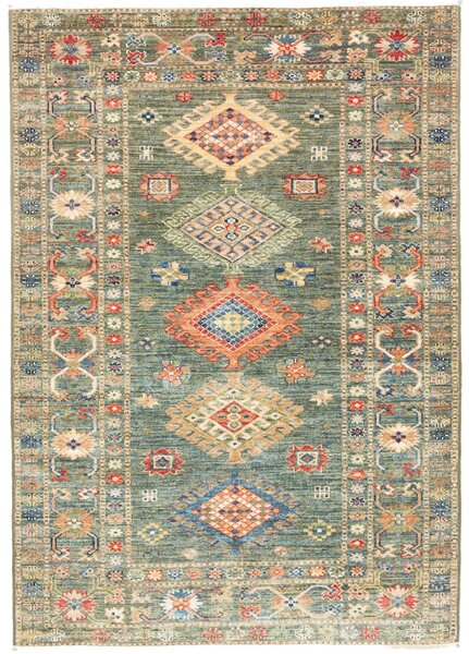 Tappeto Kazak Fine Pakistan Geometrico Verde Petrolio Arancio 105x151 Cm