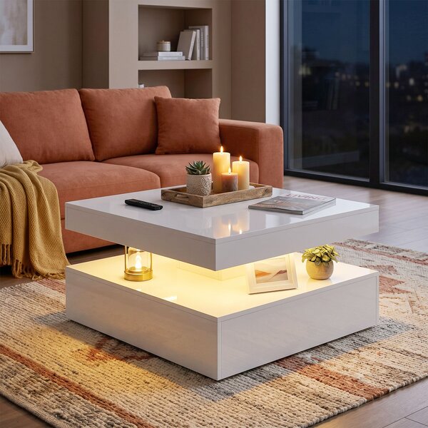 HOMCOM Tavolino da Salotto con LED RGB 7 Colori, Vano Aperto e Telecomando, 78x78x40 cm, Bianco Lucido | Aosom Italy