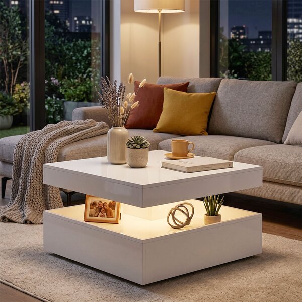 HOMCOM Tavolino da Salotto con LED RGB 7 Colori, Vano Aperto e Telecomando, 78x78x40 cm, Bianco Lucido | Aosom Italy