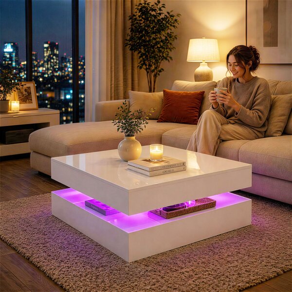 HOMCOM Tavolino da Salotto con LED RGB 7 Colori, Vano Aperto e Telecomando, 78x78x40 cm, Bianco Lucido | Aosom Italy