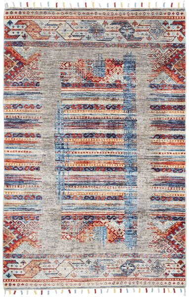 Tappeto Siva Pakistan Geometrico Grigio Rosso 100x149 Cm