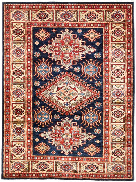 Tappeto Kazak Fine Pakistan Geometrico Blu Rosso 106x143 Cm