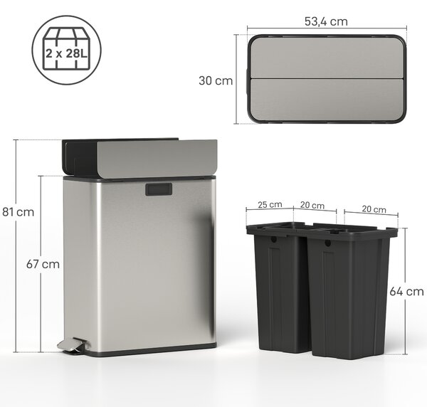 HOMCOM Pattumiera da Cucina 2x28 L a Pedale con Coperchio Soft-Close, Cestini Interni Rimovibili, 30x53,4x67 cm, Argento Lucido | Aosom Italy