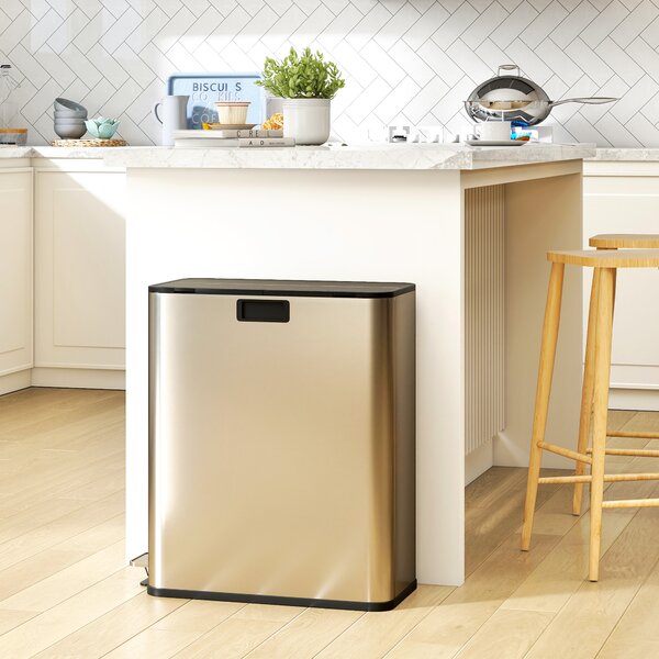 HOMCOM Pattumiera da Cucina 2x28 L a Pedale con Coperchio Soft-Close, Cestini Interni Rimovibili, 30x53,4x67 cm, Argento Lucido | Aosom Italy