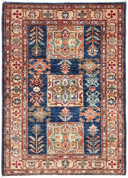 Tappeto Kazak Fine Pakistan Geometrico Blu Notte Beige 83x116 Cm