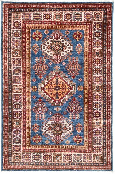 Tappeto Kazak Fine Pakistan Medaglione Blu Rosso 99x151 Cm