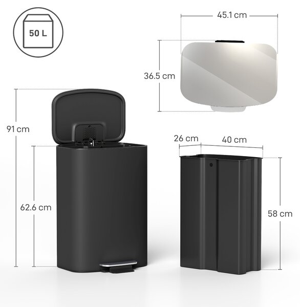 HOMCOM Bidone da Cucina 50 L con Funzione Mantieni-Aperto, Coperchio soft-close e Pedale, 45,1x36,5x62,2 cm, Nero | Aosom Italy