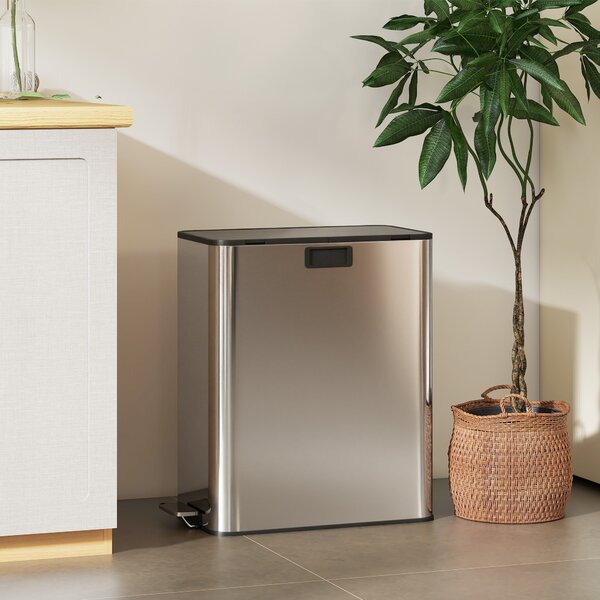 HOMCOM Pattumiera da Cucina 2x28 L a Pedale con Coperchio Soft-Close, Cestini Interni Rimovibili, 30x53,4x67 cm, Argento Lucido | Aosom Italy