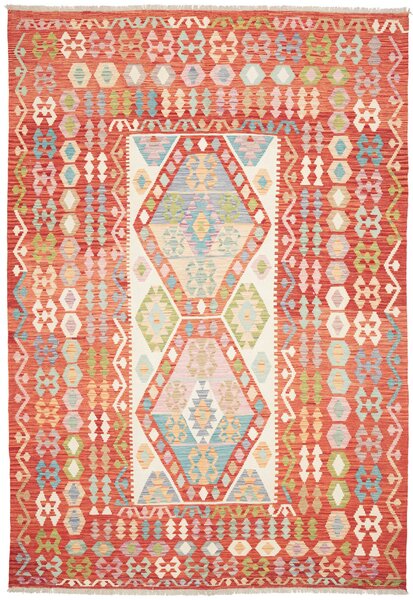 Tappeto Kilim Afghanistan Geometrico Rosso Arancio Pastello 210x301 Cm