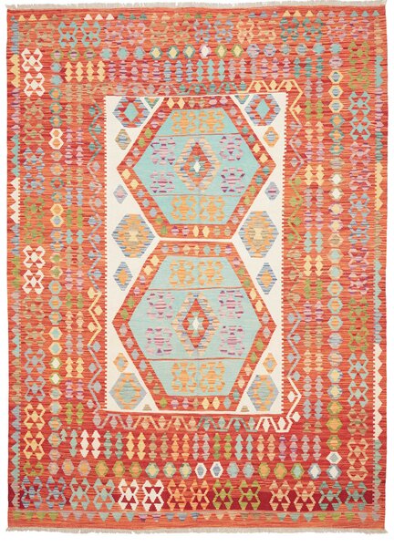 Tappeto Kilim Afghanistan Geometrico Terracotta Azzurro 213x290 Cm