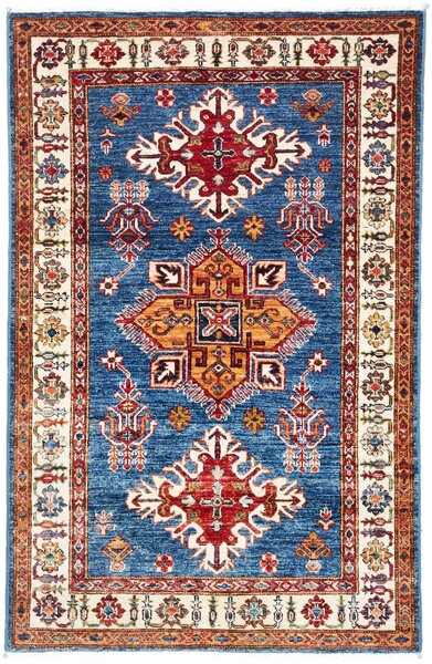 Tappeto Kazak Fine Pakistan Geometrico Blu Rosso 100x158 Cm