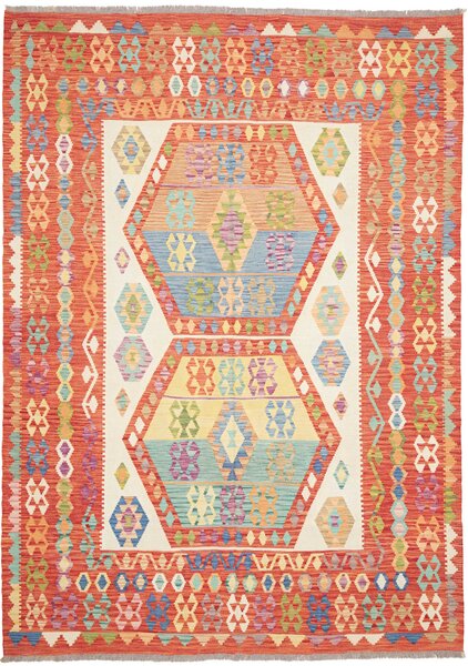 Tappeto Kilim Afghanistan Geometrico Arancione Beige 209x294 Cm