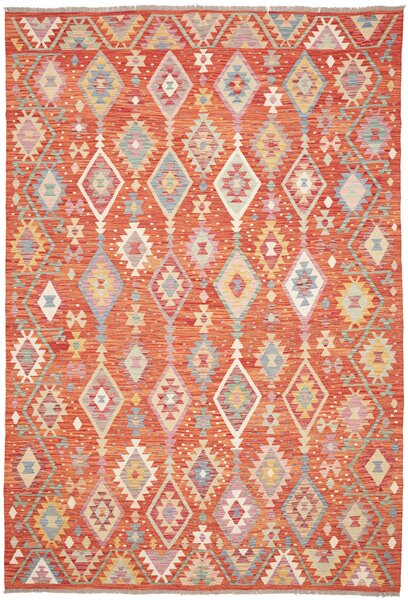 Tappeto Kilim Afghanistan Geometrico Arancio Blu 202x298 Cm
