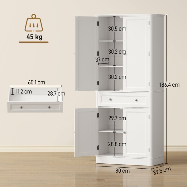 HOMCOM Mobile Cucina con 4 Ante, Cassetto e Ripiani Regolabili, 80x39,5x186,4 cm, Bianco | Aosom Italy
