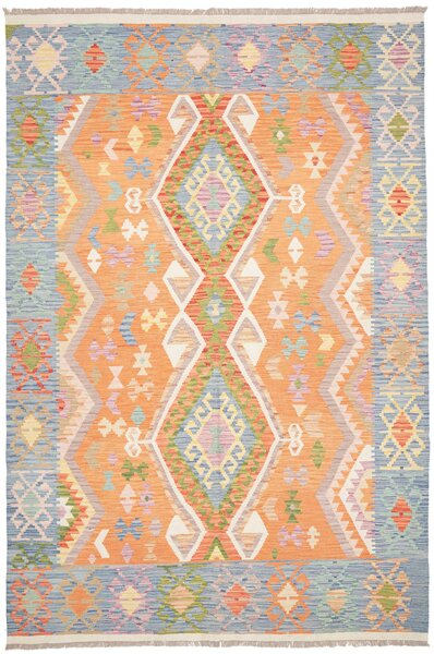 Tappeto Kilim Afghanistan Geometrico Arancione Celeste 199x296 Cm