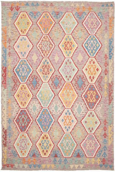 Tappeto Kilim Afghanistan Geometrico Grigio Multicolore 205x305 Cm