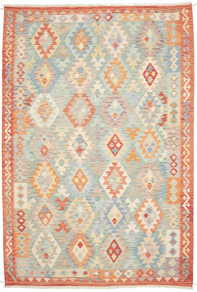Tappeto Kilim Afghanistan Geometrico Celeste Arancio 198x296 Cm