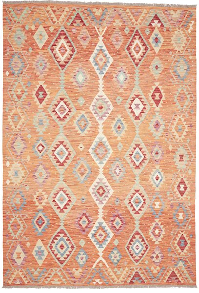 Tappeto Kilim Afghanistan Geometrico Arancio Azzurro 205x298 Cm