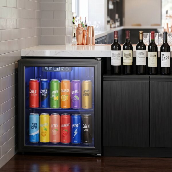 HOMCOM Frigorifero per Bevande per 48 Lattine con Porta a Doppio Vetro, Ripiano Regolabile e Illuminazione LED, 45x44,5x51 cm, Nero | Aosom Italy