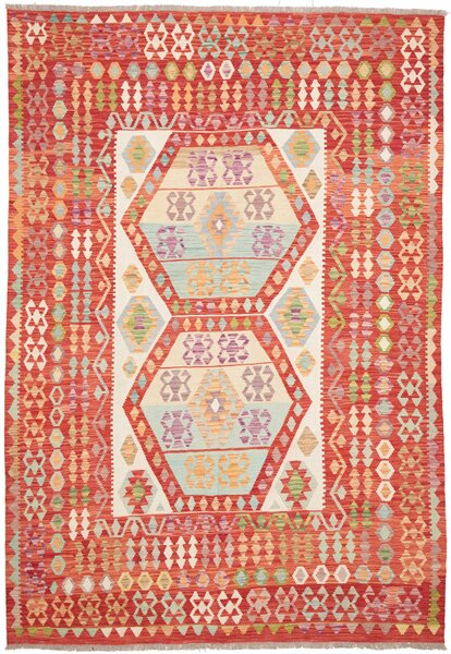 Tappeto Kilim Afghanistan Geometrico Rosso Beige 206x300 Cm