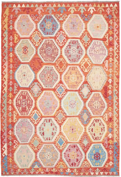 Tappeto Kilim Afghanistan Astratto Arancio Multicolor Pastello 207x300 Cm