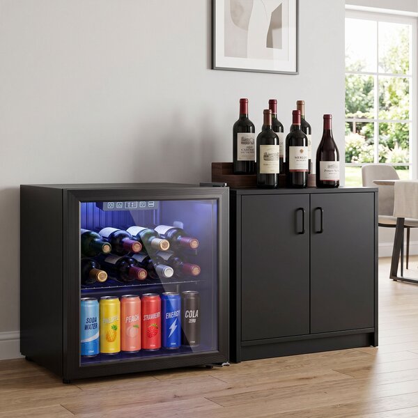 HOMCOM Frigorifero per Bevande per 48 Lattine con Porta a Doppio Vetro, Ripiano Regolabile e Illuminazione LED, 45x44,5x51 cm, Nero | Aosom Italy