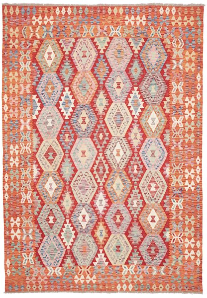 Tappeto Kilim Afghanistan Geometrico Rosso Arancio 204x291 Cm
