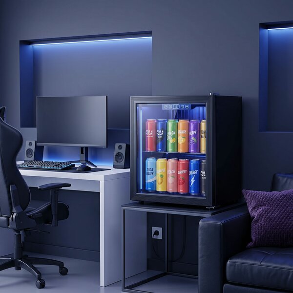 HOMCOM Frigorifero per Bevande per 48 Lattine con Porta a Doppio Vetro, Ripiano Regolabile e Illuminazione LED, 45x44,5x51 cm, Nero | Aosom Italy