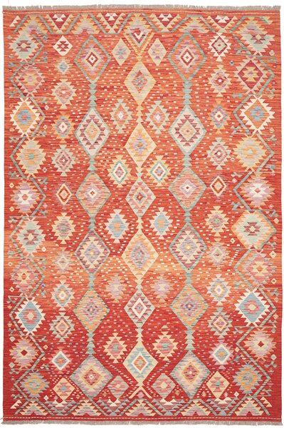 Tappeto Kilim Afghanistan Geometrico Rosso Arancio Turchese 200x300 Cm
