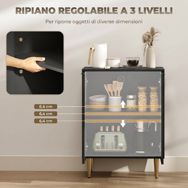 HOMCOM Credenza Moderna con 2 Ante e Ripiano Regolabile, Mobile Buffet per Cucina e Soggiorno con Gambe in Metallo, Nero | Aosom Italy