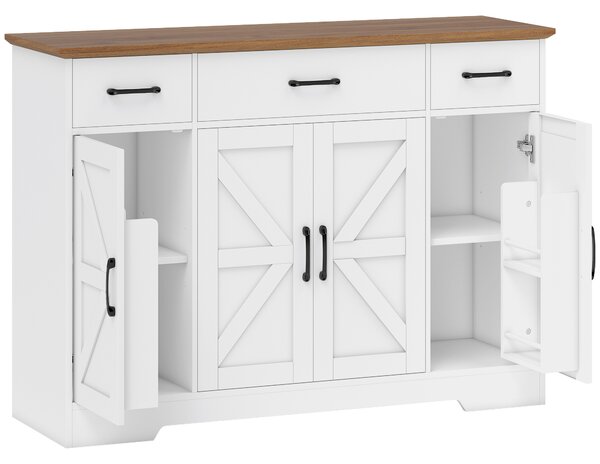 HOMCOM Credenza Cucina Rustico, Mobile Cucina con Ante Soft-Close, 3 Cassetti, 3 Ripiani Regolabili, Portaspezie, Bianco | Aosom Italy