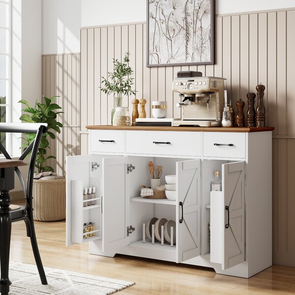 HOMCOM Credenza Cucina Rustico, Mobile Cucina con Ante Soft-Close, 3 Cassetti, 3 Ripiani Regolabili, Portaspezie, Bianco | Aosom Italy