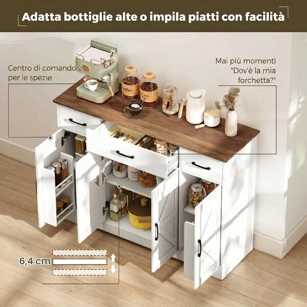 HOMCOM Credenza Cucina Rustico, Mobile Cucina con Ante Soft-Close, 3 Cassetti, 3 Ripiani Regolabili, Portaspezie, Bianco | Aosom Italy